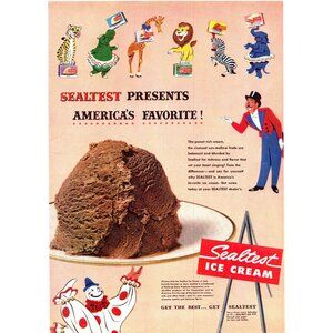 1952 Sealtest Chocolate Ice Cream Vintage Print Ad Circus Animals Clown Wall Art